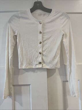 Aritzia Wilfred Ribbed Crop Button Lon Sleeve Cardigan, Cream White, 2XS